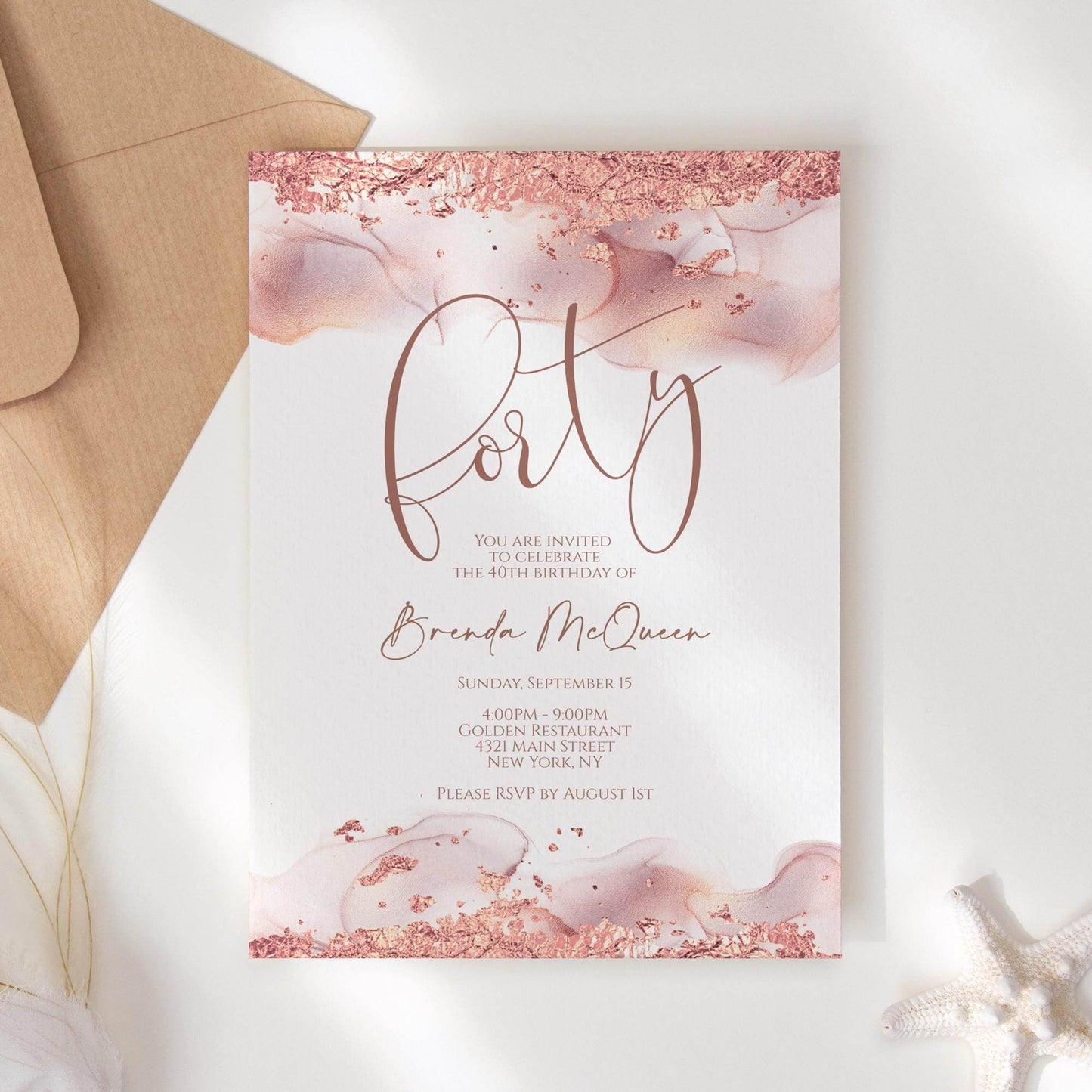 Rose Gold 40th Birthday Invitation Template | Editable Forty Women Birthday Card | Printable Rose Gold Foil Invite | Text Message Digital Download
