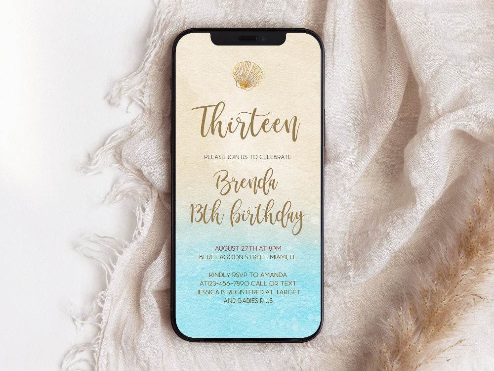 Digital 13th Beach Birthday Party Invitation, Electronic Watercolor Invite Template, Editable Thirteen SMS Text Message Evite, Instant Download