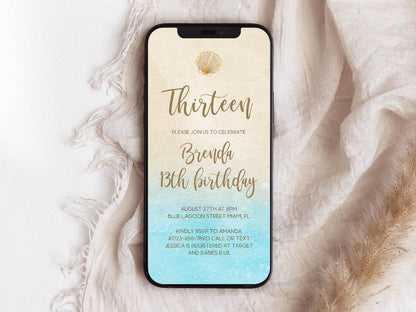 Digital 13th Beach Birthday Party Invitation, Electronic Watercolor Invite Template, Editable Thirteen SMS Text Message Evite, Instant Download