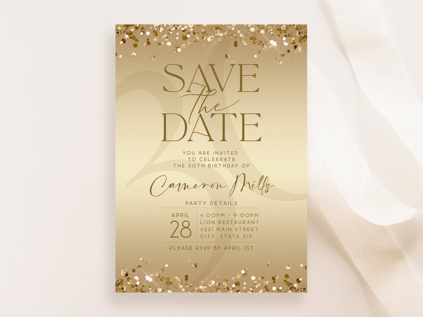 Gold Save the Date Birthday Invitation | Editable Luxury Invite Template | Printable & Digital Text Message Evite | Instant Download
