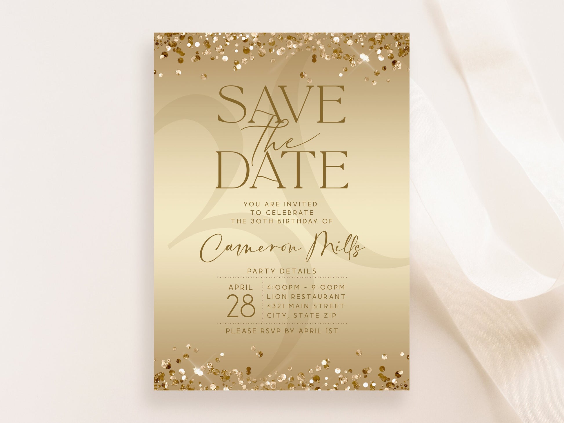 Gold Save the Date Birthday Invitation | Editable Luxury Invite Template | Printable & Digital Text Message Evite | Instant Download