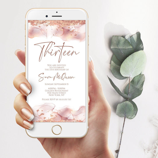13th Thirteen Birthday Electronic Invitation, Rose Gold Foil Blush Editable Invite, Text Message, Phone Invite, DIY Evite, Digital Template