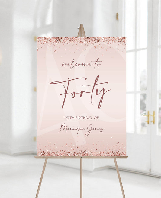 Printable 40th Forty Birthday Party Welcome Sign, Rose Gold Glitter Pink Confetti, Editable Modern Birthday Poster Template, Instant Download