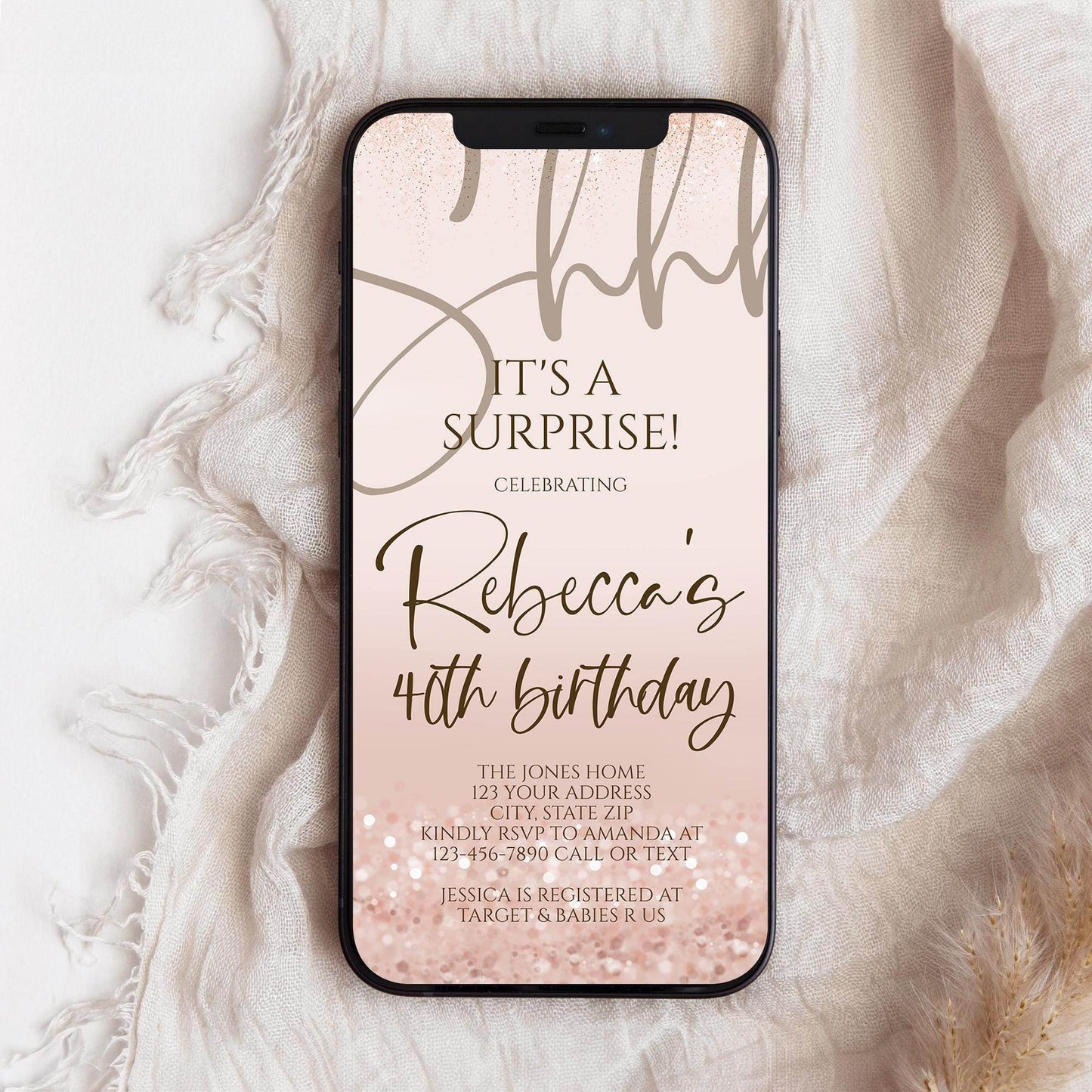 Rose Gold Shhh It's a Surprise 40th Birthday Invitation, Editable Any Age Digital Text Message Invite, Phone Evite, Instant Download