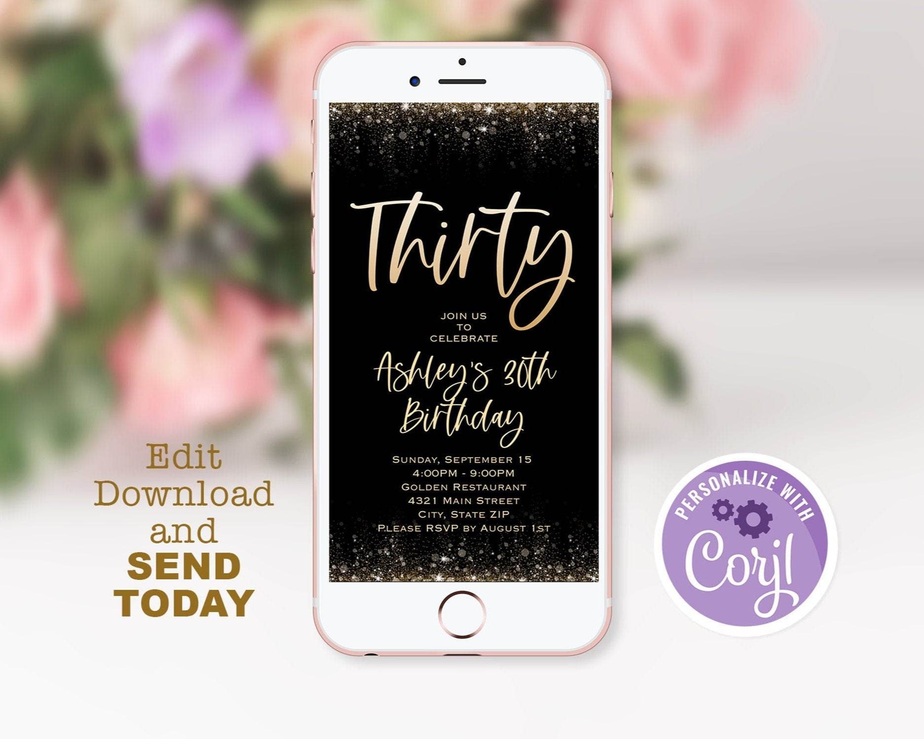 Electronic 30th Birthday Text Invitation Template, Editable Thirty Birthday Phone Invite, Digital Download Mobile Invitation