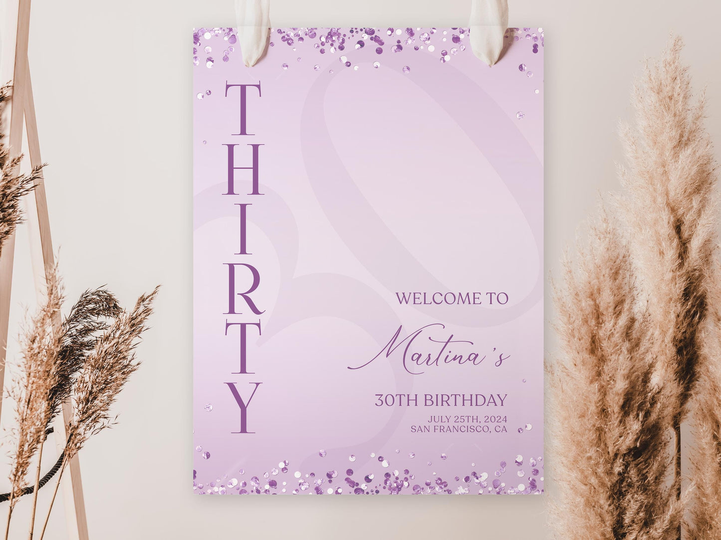 Editable Purple Birthday Welcome Sign Template, Printable Lavender Confetti Birthday Poster, Birthday Sign Decor, Any Age Birthday Board