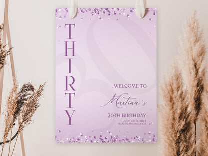 Editable Purple Birthday Welcome Sign Template, Printable Lavender Confetti Birthday Poster, Birthday Sign Decor, Any Age Birthday Board