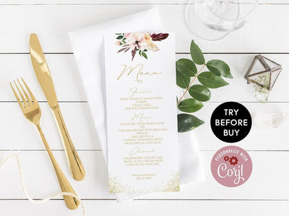 Floral Wedding Menu Template, Printable Gold Dinner Menu Card, Wedding Menu Card, Instant Download Editable Menu Template Digital Table Card