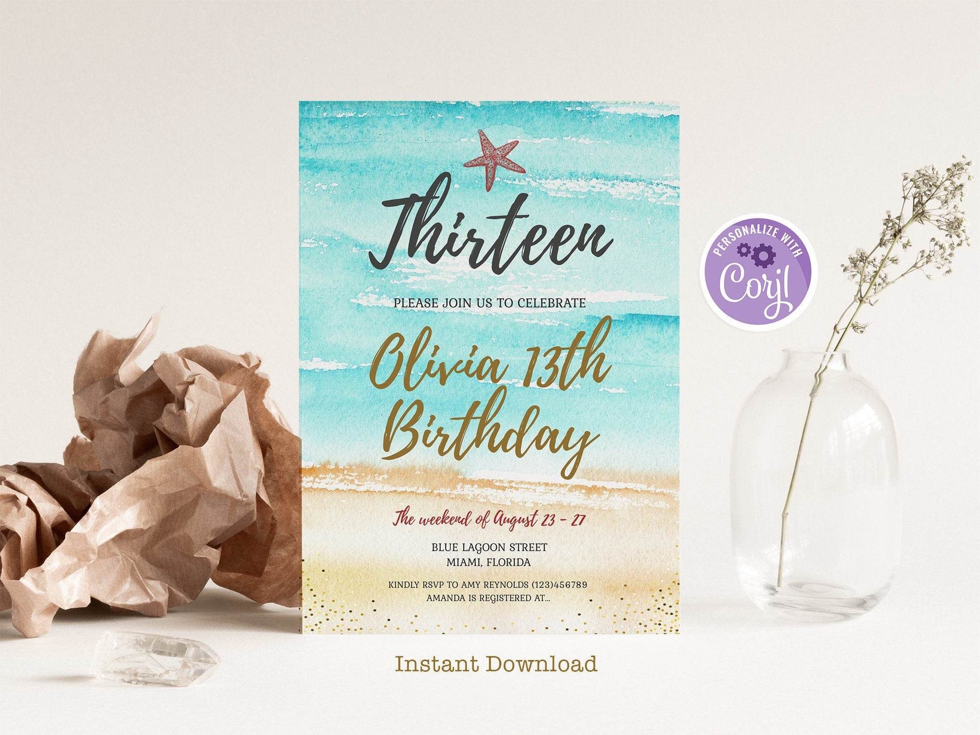 Watercolor Beach Birthday Invitation Template | Editable 13th Birthday Party Invite | Printable Teen Beach Party Card | Instant Download