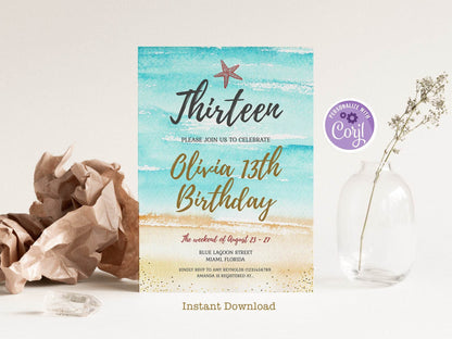 Watercolor Beach Birthday Invitation Template | Editable 13th Birthday Party Invite | Printable Teen Beach Party Card | Instant Download