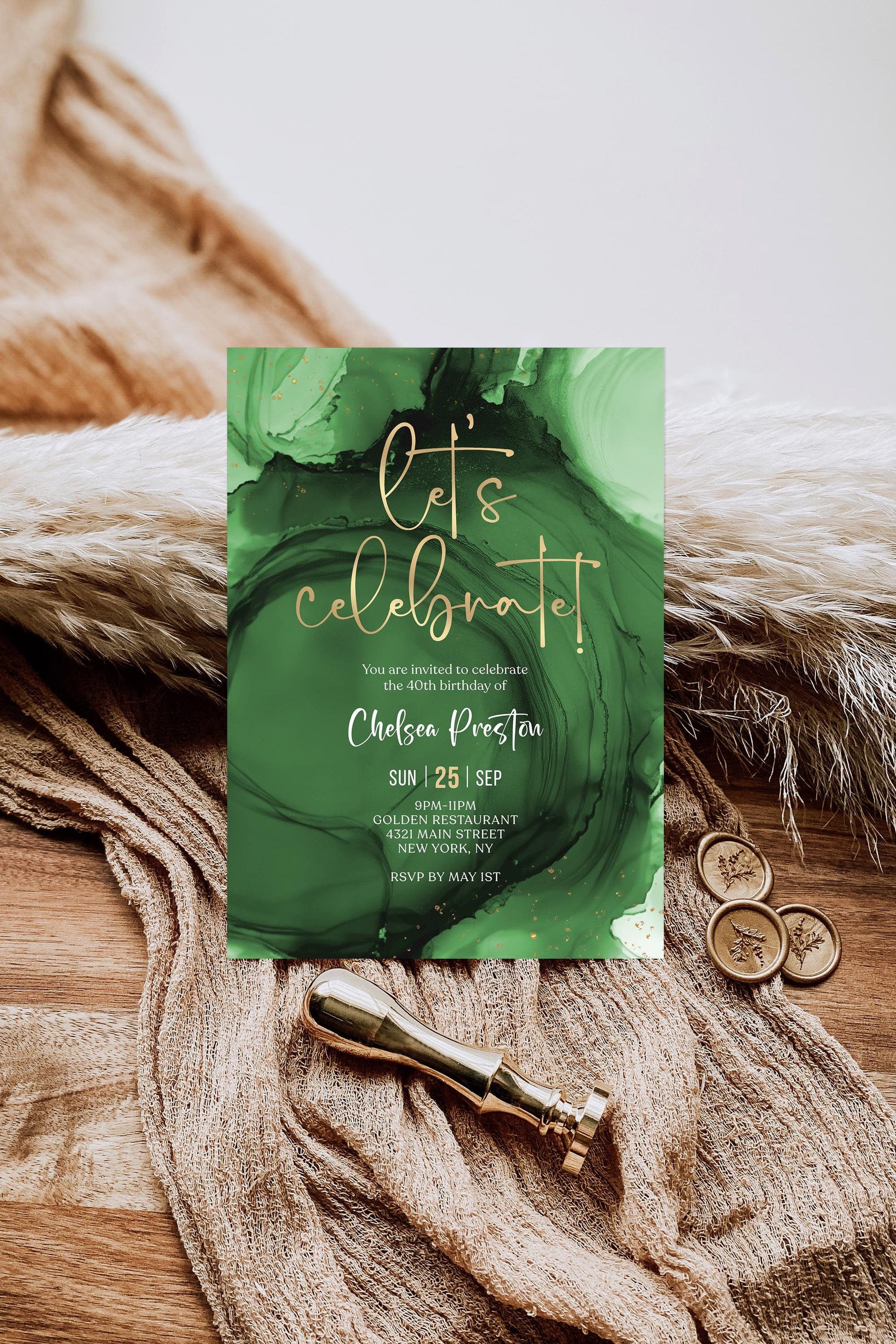 Green Emerald Gold Let's Celebrate Invitation Template, Printable Birthday Party Announcement Card, Editable Modern Invite, Digital Download