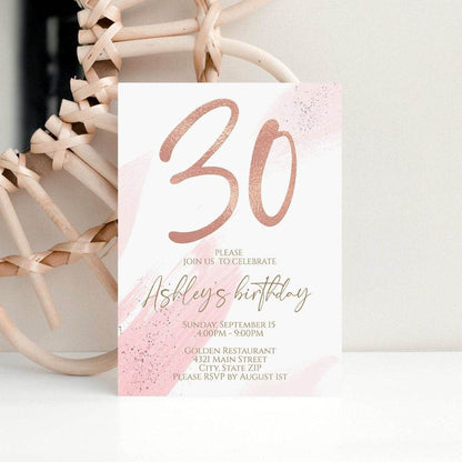 Printable 30th Birthday Invitation – Editable Gold Foil Thirty Party Template | Rose Gold Watercolor Birthday Invite | Instant Digital Download