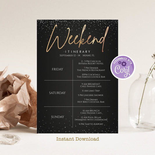 Printable Dark Gold Weekend Itinerary Invitation Template, Editable Weekend Itinerary, Hen Party Bachelorette Card, Digital Birthday Weekend