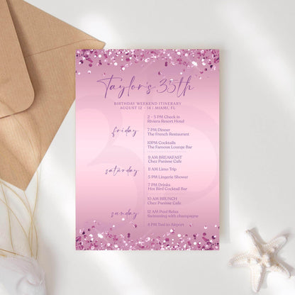 Editable Purple Any Age Woman Birthday Itinerary Template, Printable Lavender Woman Itinerary, Ladies Weekend Itinerary, Email Text Message