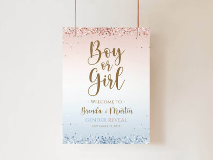 Boy or Girl Welcome Sign Template | Editable Gender Reveal Party Sign | Blue & Pink Baby Shower Decoration | Printable Instant Download