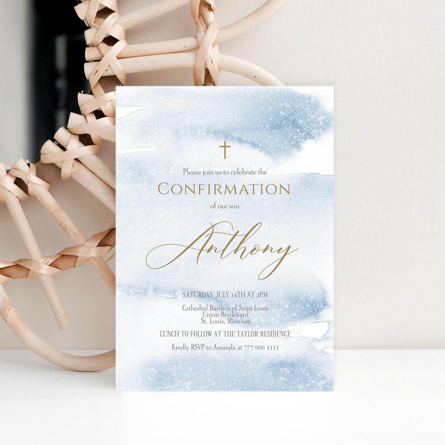 Boy Confirmation Invitation Template Printable , Blue Gold Watercolor Confirmation Invite, Editable Confirmation Card, Email Text Message