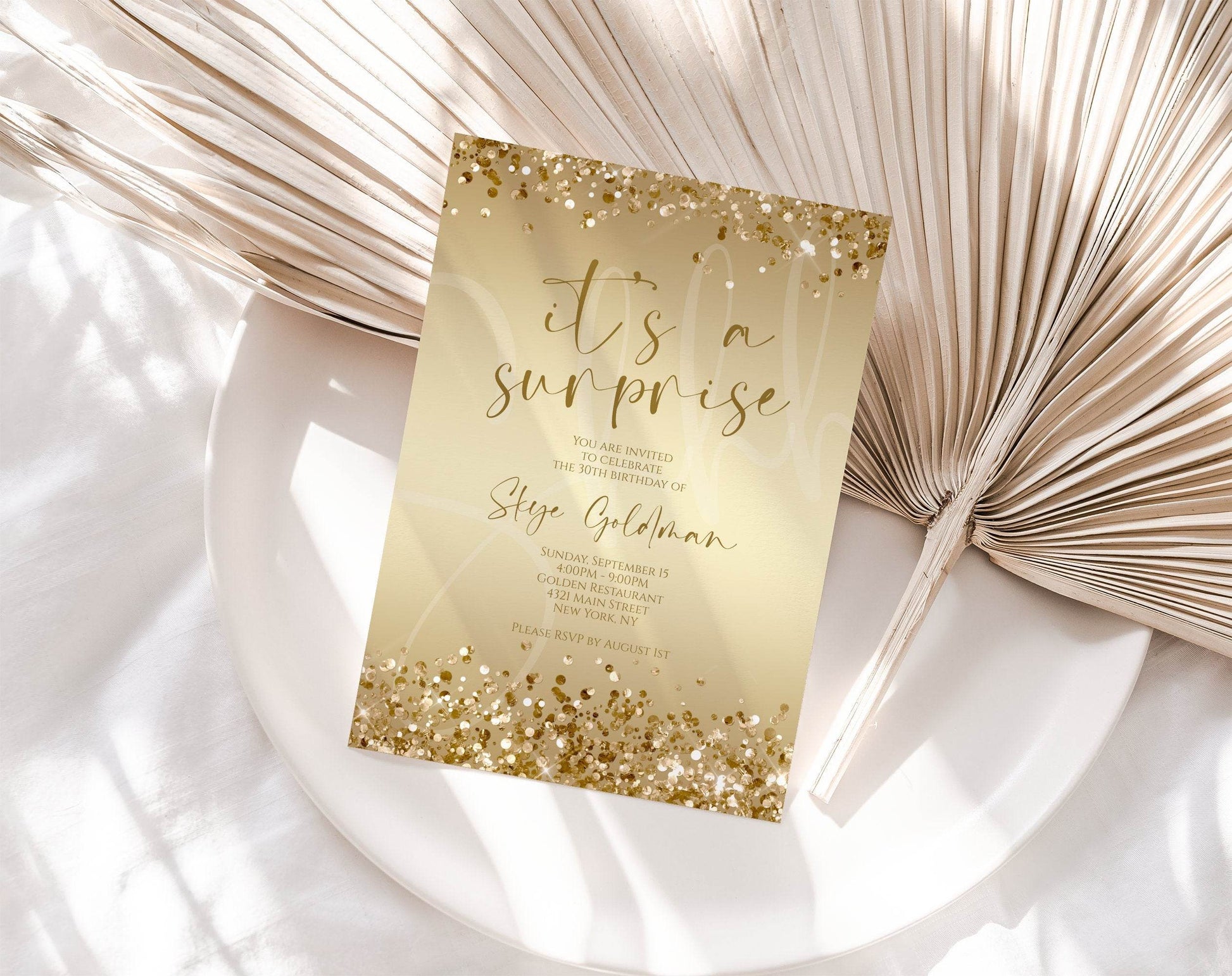 Printable Surprise Birthday Invitation, Gold Glitter Confetti Invite Template, Editable Luxury Birthday Party Invite, Instant Download