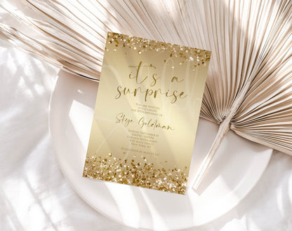 Printable Surprise Birthday Invitation, Gold Glitter Confetti Invite Template, Editable Luxury Birthday Party Invite, Instant Download