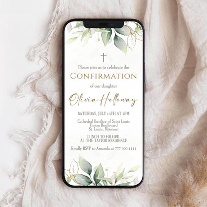 Digital Confirmation Invitation Template, Electronic Greenery Confirmation Invite, Boy or Girl Confirmation. Editable Confirmation Template, Phone Text Message Evite, Instant Download, Custom Mobile Invite