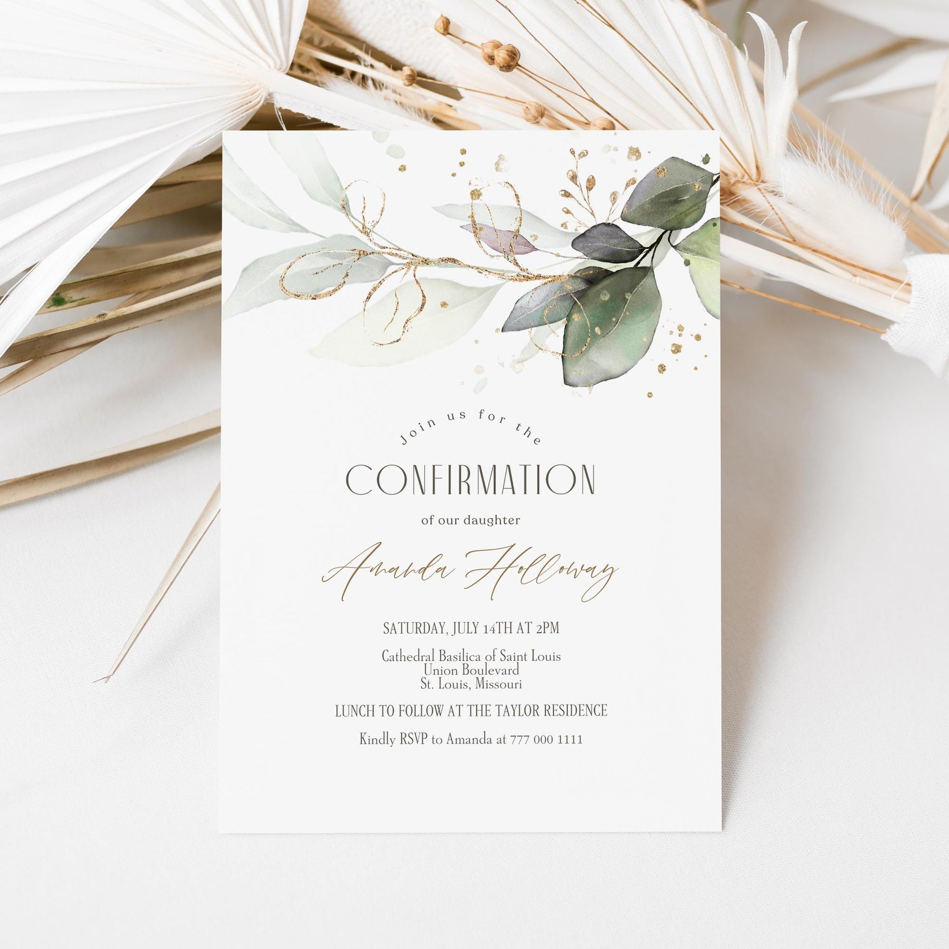 Confirmation Invitation Template | Printable Greenery Eucalyptus Invite | Editable Baptism or Confirmation Card | Instant Download