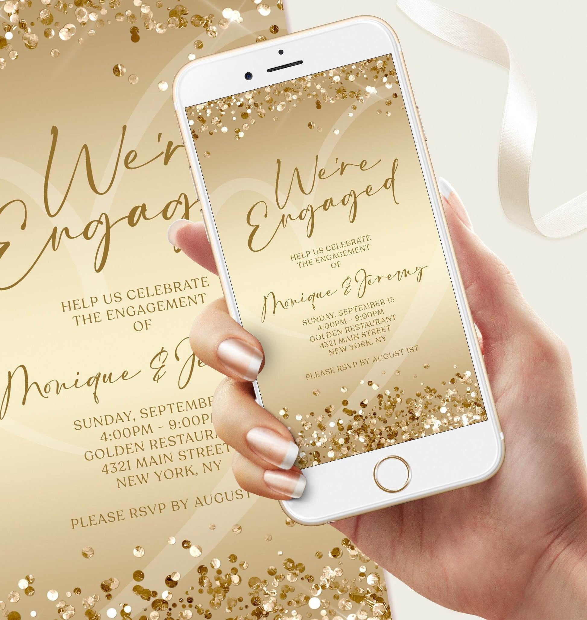 Electronic Engagement Party Invitation Template – Editable Digital Engagement Announcement Evite | Gold Confetti Text Message Invite | Instant Download