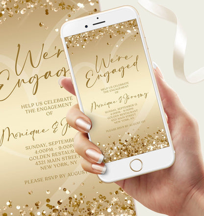 Electronic Engagement Party Invitation Template – Editable Digital Engagement Announcement Evite | Gold Confetti Text Message Invite | Instant Download