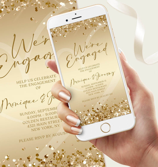 Electronic Engagement Party Invitation Template – Editable Digital Engagement Announcement Evite | Gold Confetti Text Message Invite | Instant Download