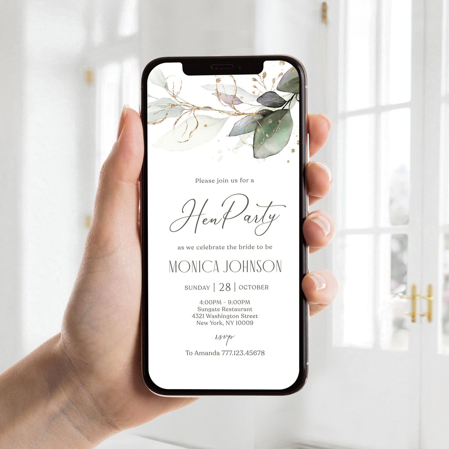 Digital Hen Party Invitation Template, Electronic Hen Party Invite, Phone Invitation, Editable Invite, Greenery Leaves, Text Message Evite