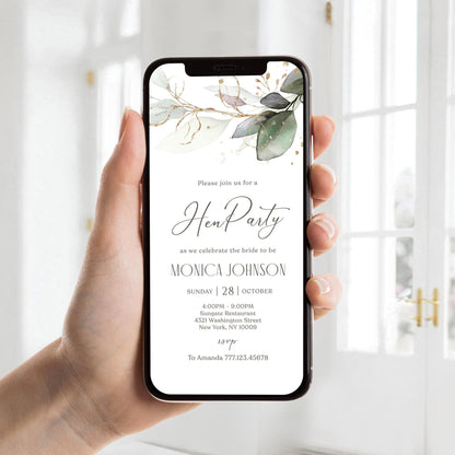 Digital Hen Party Invitation Template, Electronic Hen Party Invite, Phone Invitation, Editable Invite, Greenery Leaves, Text Message Evite