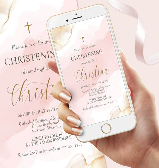 Pink Christening Invitation Template for Girl, Digital Christening Evite, Editable Text Message Phone Invite, Electronic Baptism Download