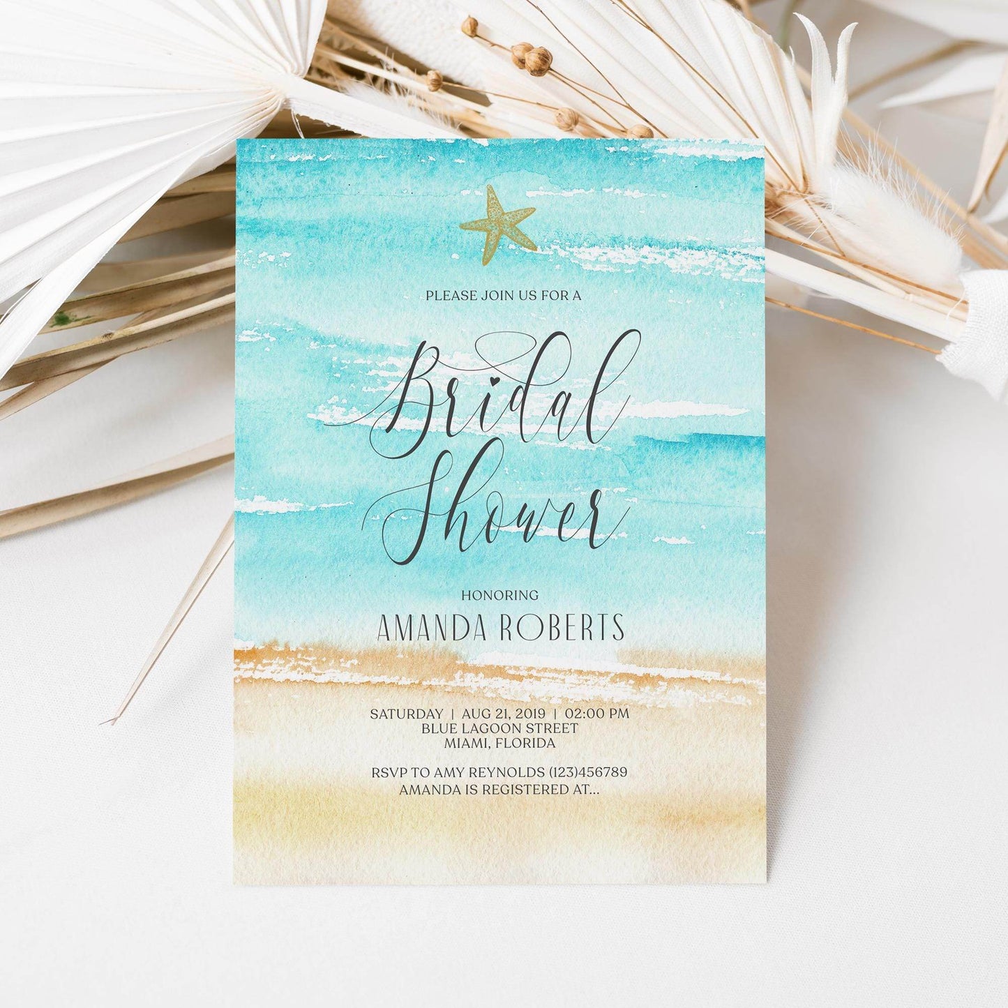 Editable Watercolor Beach Bridal Shower Invitation – Starfish Beach Theme Invite – Printable Bridal Shower Template – Instant Download