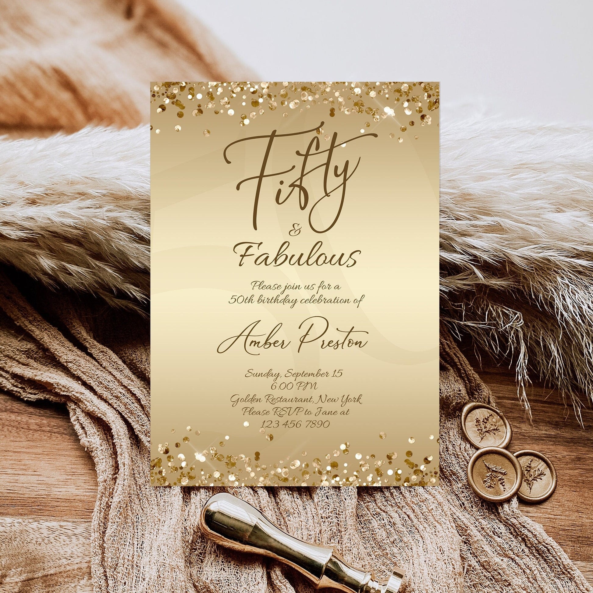 Gold 50th Fifty Birthday Invitation for Her, Fifty & Fabulous Surprise Party Invite, Editable Gold Foil Confetti, Printable Women Invitation