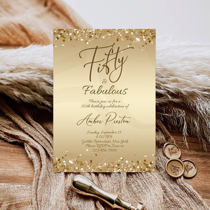 Gold 50th Fifty Birthday Invitation for Her, Fifty & Fabulous Surprise Party Invite, Editable Gold Foil Confetti, Printable Women Invitation