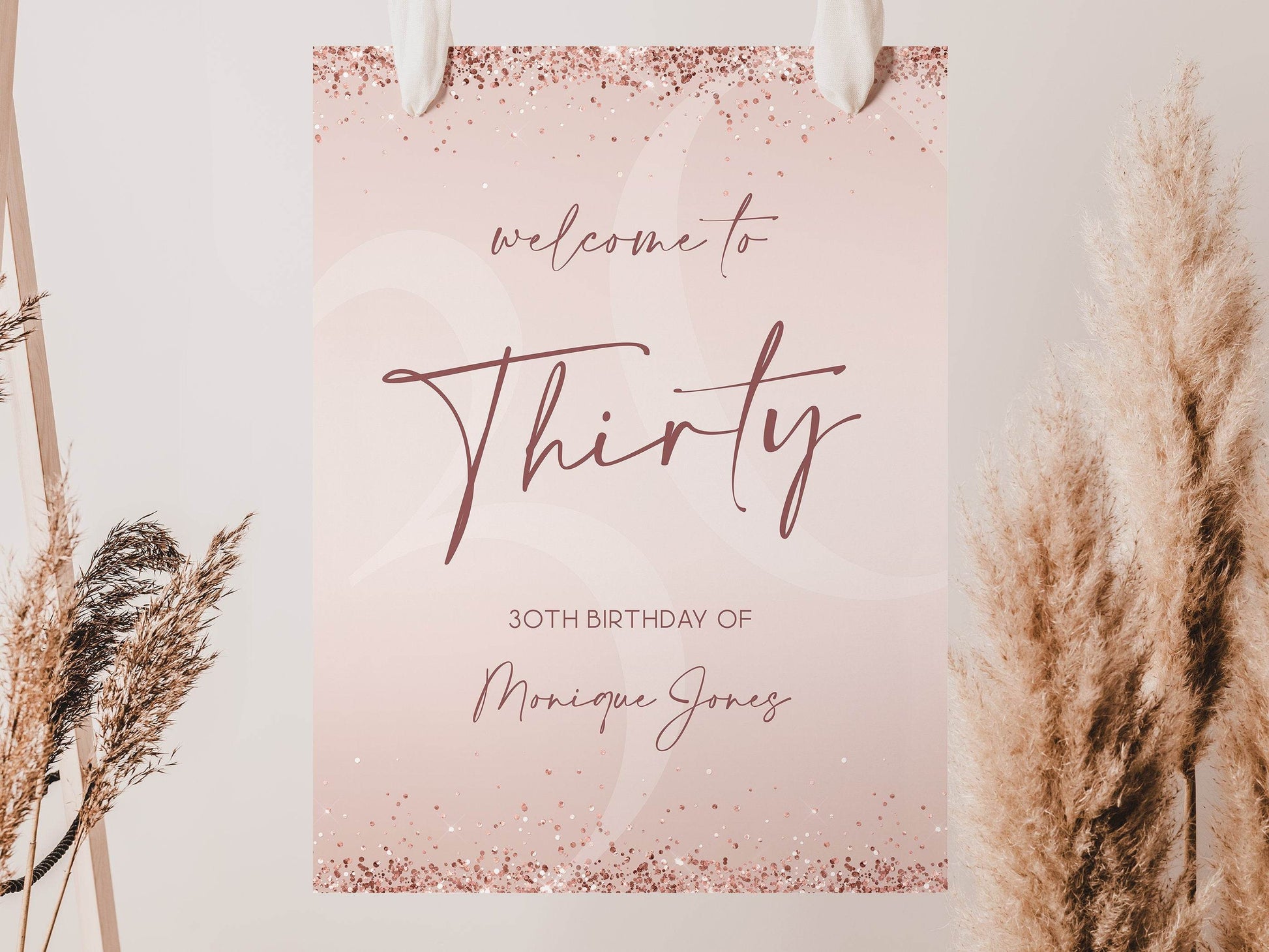 Printable 30th Birthday Welcome Sign, Editable Rose Gold Glitter Party Poster, Pink Confetti Thirty Birthday Sign Template, Instant Download