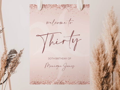Printable 30th Birthday Welcome Sign, Editable Rose Gold Glitter Party Poster, Pink Confetti Thirty Birthday Sign Template, Instant Download
