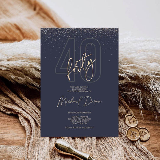 Blue Navy Gold 40th Birthday Invitation Template – Editable Printable Evite – Digital Email Text Invite for Men – DIY Forty Party Card