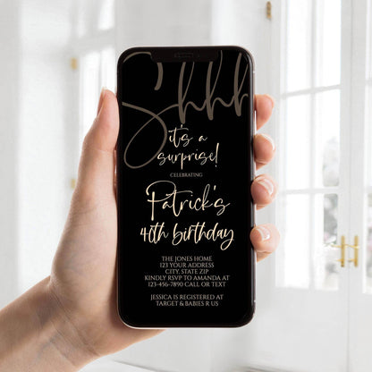 Digital Black Gold Shhh It's a Surprise Electronic 40th Birthday Invitation, Any Age, Editable Text Message Evite, Phone Invite Template