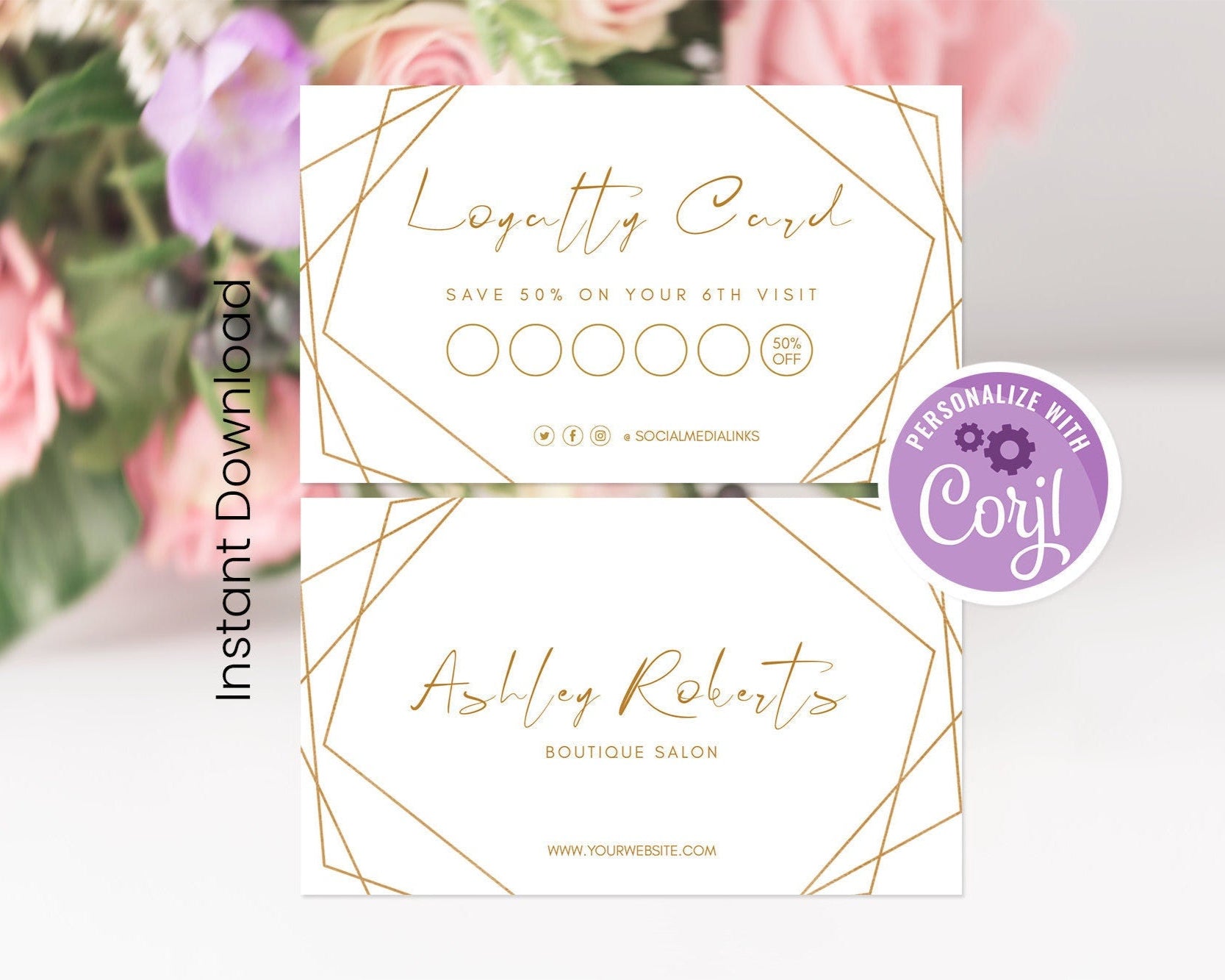 Luxury Loyalty Card, Editable Modern White & Gold Geometric Card, Business, Instant Download, Customer Loyalty Card, Reward Card Template