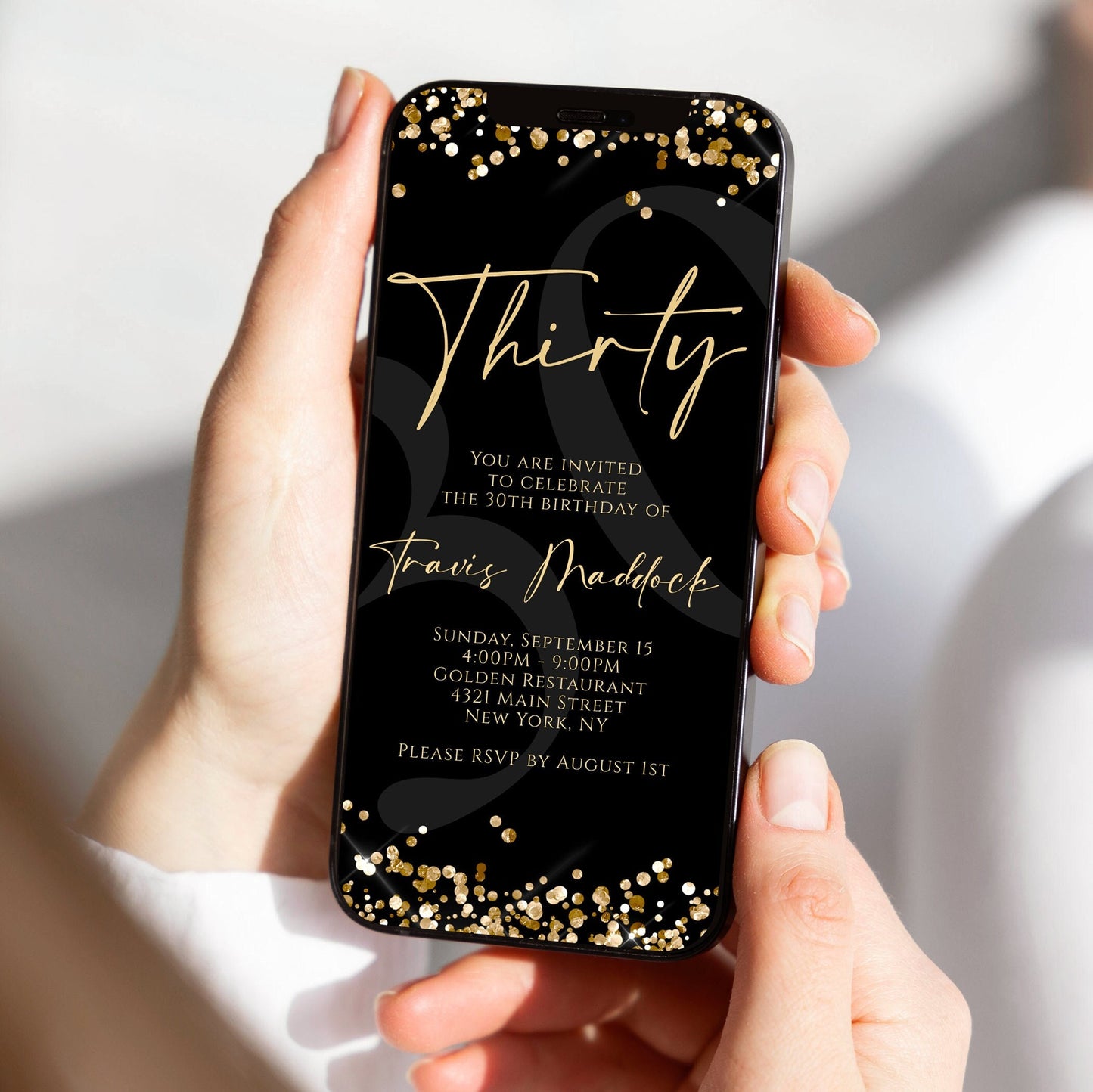 Digital Black Gold Thirty 30th Birthday Invitation Template, Electronic Birthday Invite, Editable Text Message Evite, DIY Modern Invitation