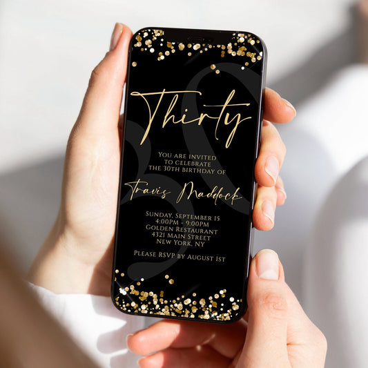 Digital Black Gold Thirty 30th Birthday Invitation Template, Electronic Birthday Invite, Editable Text Message Evite, DIY Modern Invitation