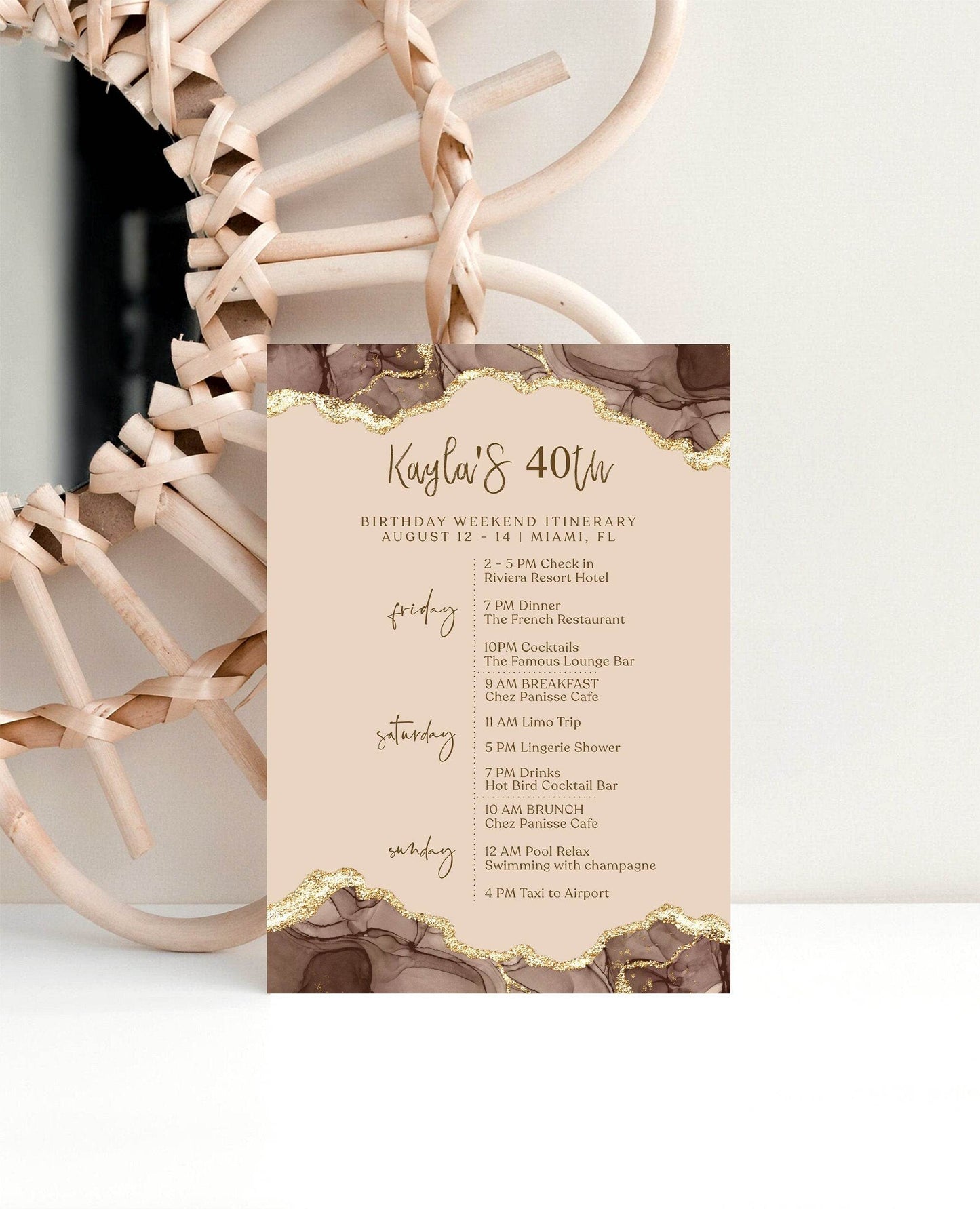 Printable Brown Gold Birthday Weekend Itinerary Template, Editable Shades of Melanin Women’s Trip Planner, Ladies Birthday Party Schedule