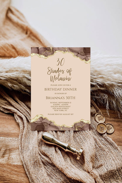 Shades of Melanin Birthday Dinner Invitation, Editable Brown Gold Agate Invite, Printable Digital Evite, Text Message Template
