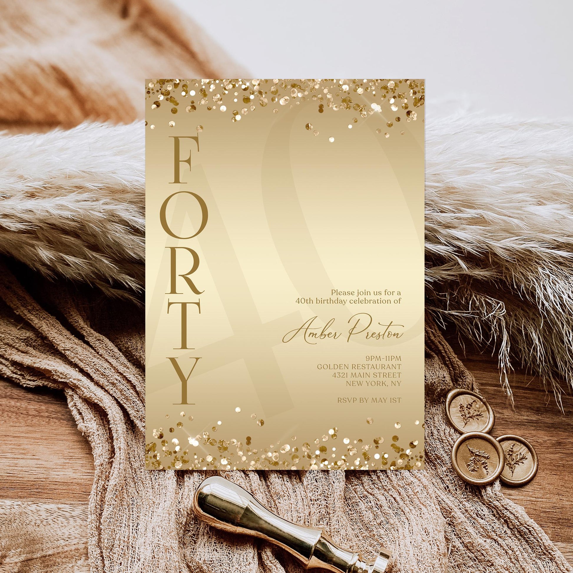 Elegant Gold 40th Birthday Invitation Template | Luxury Surprise Party Evite | Gold Confetti Printable & Editable Invite | Instant Download