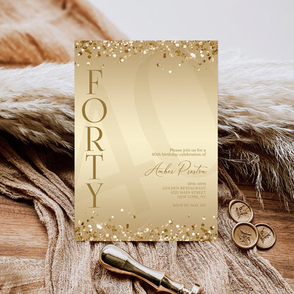 Elegant Gold 40th Birthday Invitation Template | Luxury Surprise Party Evite | Gold Confetti Printable & Editable Invite | Instant Download
