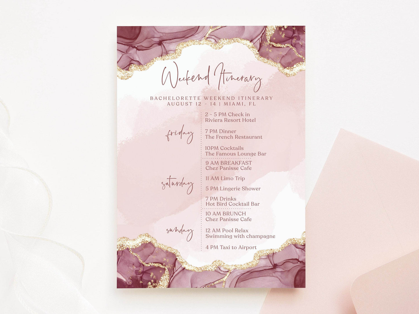 Bachelorette Weekend Itinerary Template | Editable Shades of Pink Hens Party Schedule | Birthday or Girls Trip Planner | Instant Download