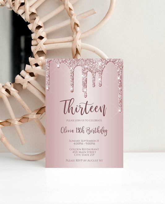 13th Birthday Invitation - Rose Gold Glitter Design | Instant Download