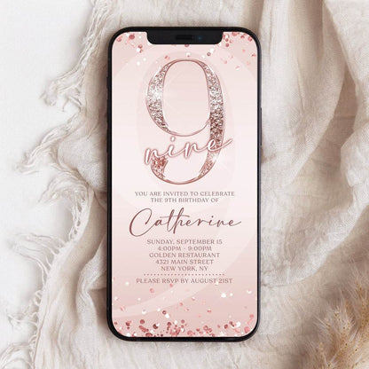 Digital Pink 9th Birthday Invitation Template | Editable Rose Gold Girl Party Invite | Instant Download Evite for 9th Birthday