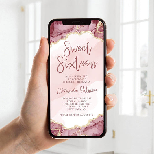 Sweet 16 Birthday Invitation Template | Pink Digital Editable Invite | Text Message Evite | Custom Mobile Phone Invitation | Instant Download