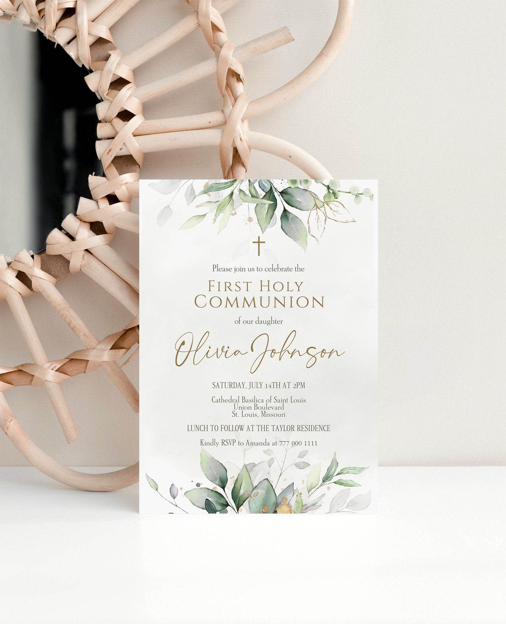 First Communion Invitation Template Printable, Greenery Watercolor Holy Communion Card, Editable Boy Girl Invite, Instant Download