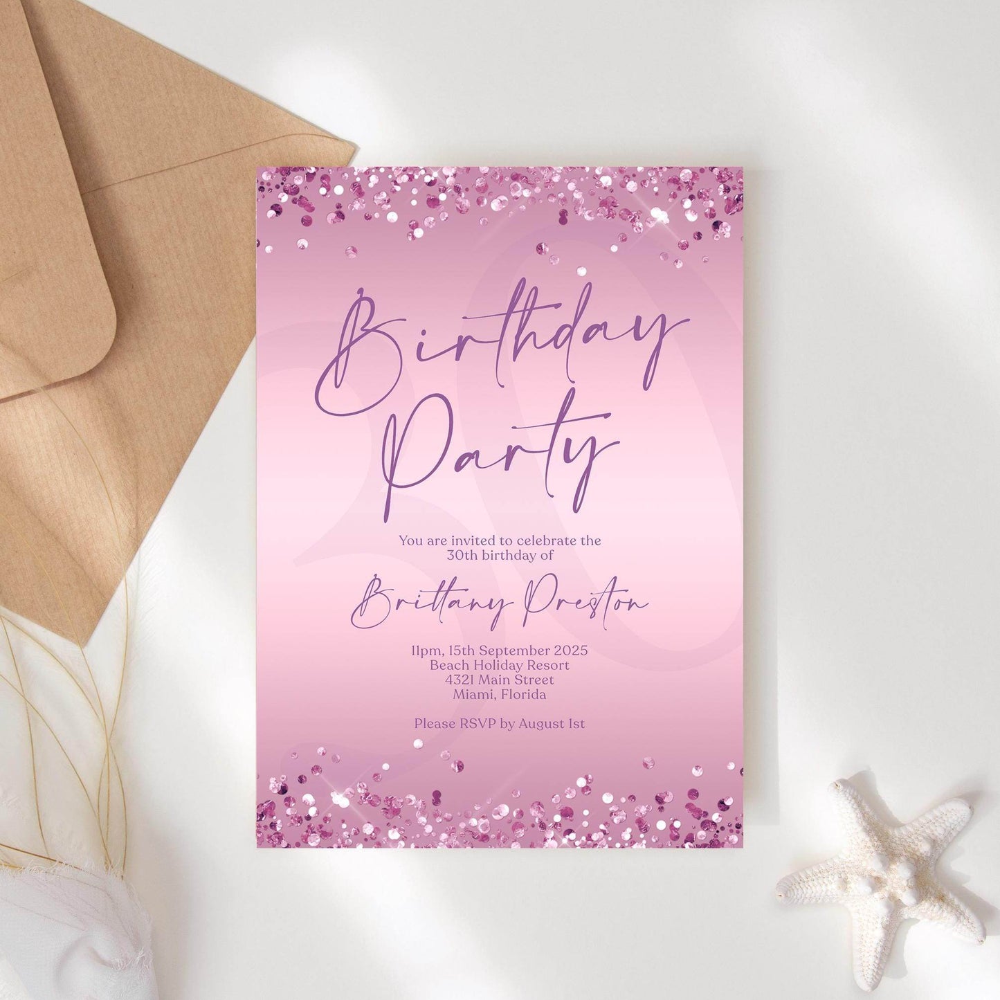 Editable Purple Birthday Party Invitation Template, Printable Woman Birthday Invite, Any Age Birthday Card Invite, Modern Email Text Message